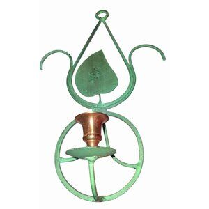 Vintage Wrought Iron Wall Candle Holder Copper Cup Leaf Design Green Finish Made